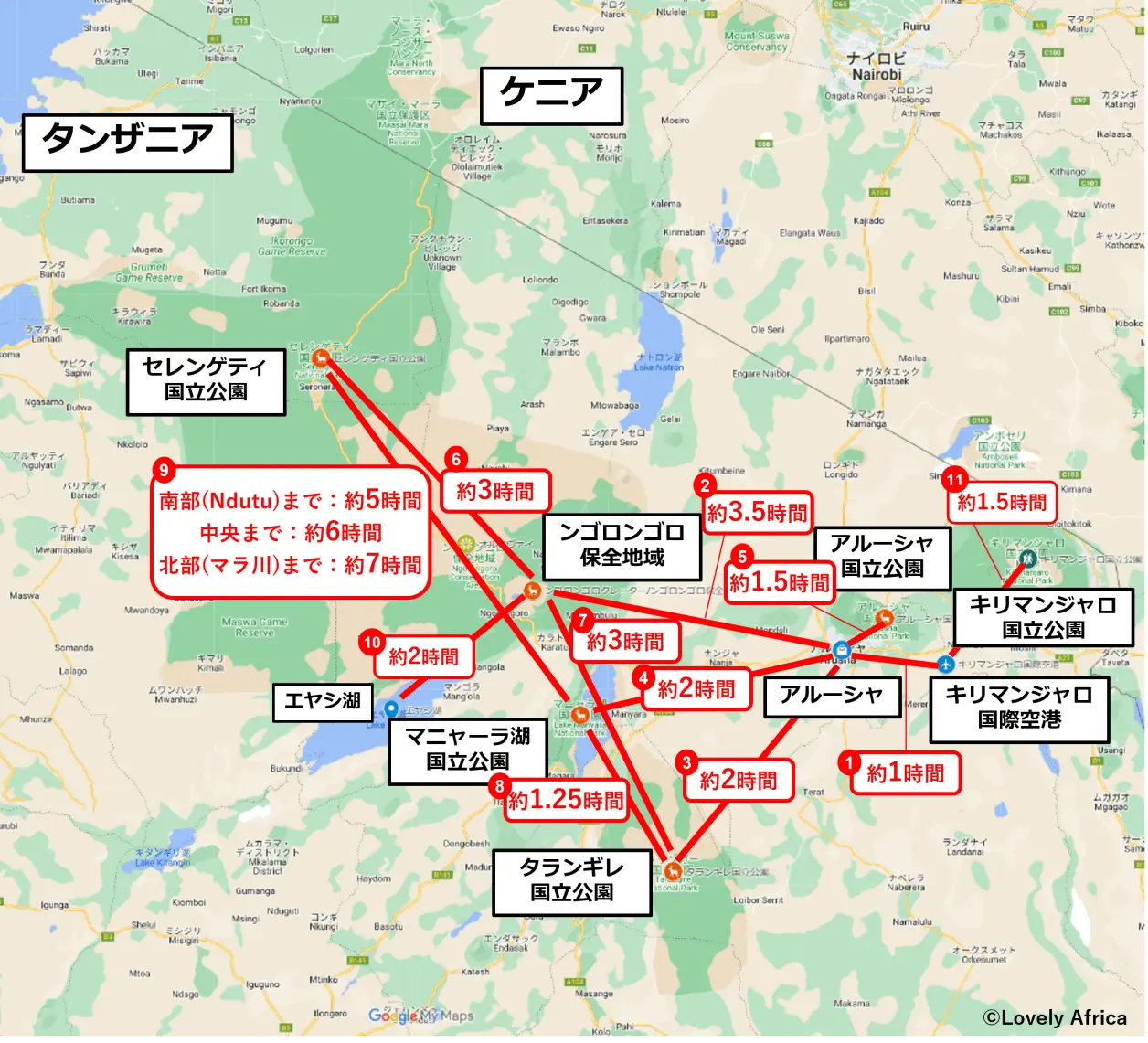 タンザニア各サファリスポットへの移動時間